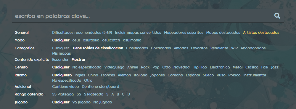 Los filtros disponibles en el listado de beatmaps