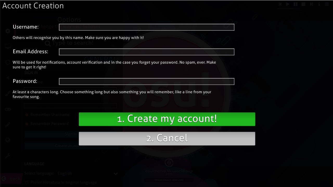 The in-game registration form