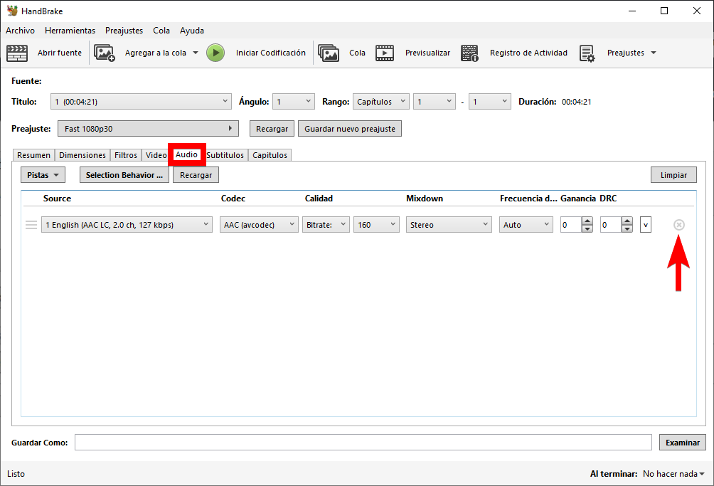 Eliminar pistas de audio de la pestaña de audio en Handbrake
