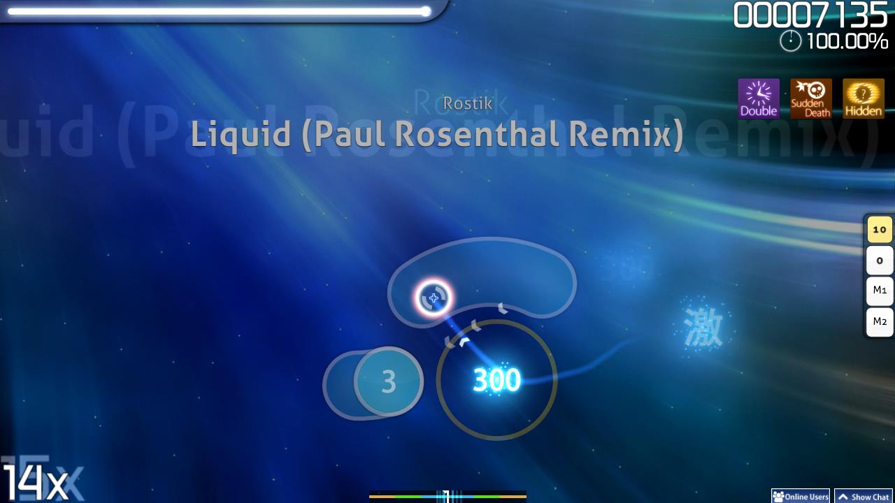 Screenshot dari gameplay osu! yang sedang memperlihatkan judul teks