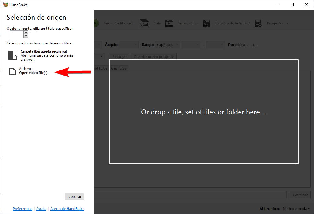 Importar archivos de vídeo en Handbrake