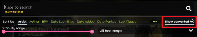 The "Show converted" toggle in osu!(lazer)
