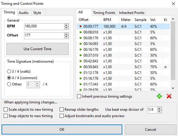 Screenshot of the Timing and Control Points window
