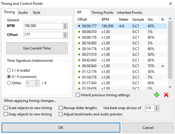 O painel de timelines mostrando um beatmap com BPM variável e mudanças de sampleset.