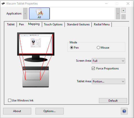 Anzeige von Wacom Tablet Properties, die die Mapping-Einstellungen anzeigt