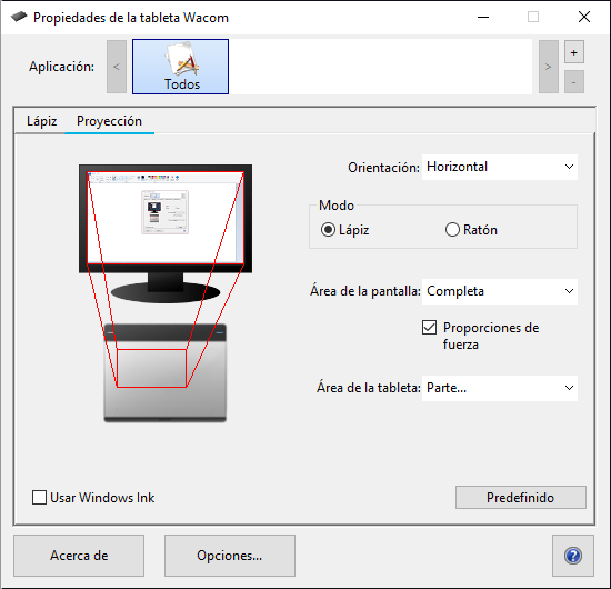 Pantalla de las propiedades de la tableta Wacom mostrando las opciones de proyección