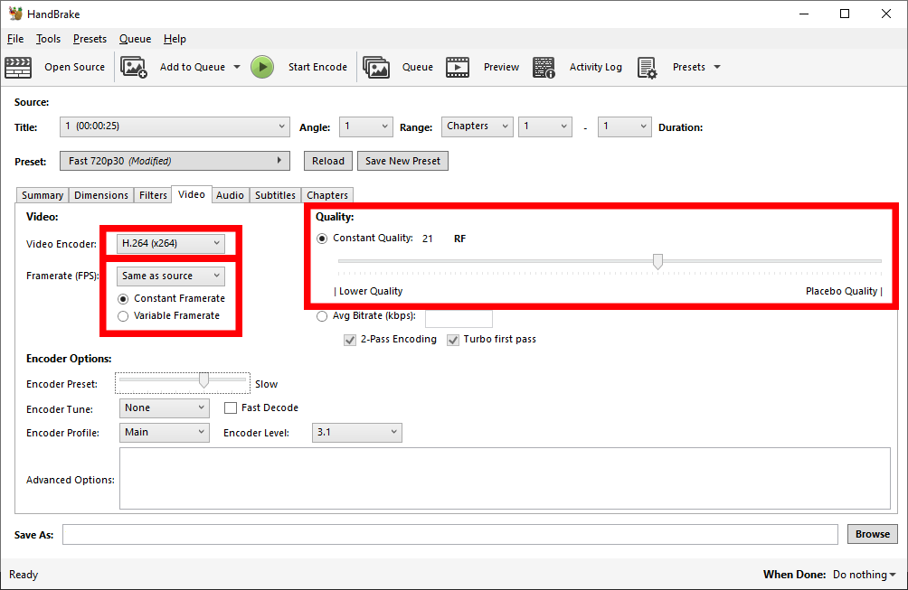 Setting the video codec and quality in Handbrake