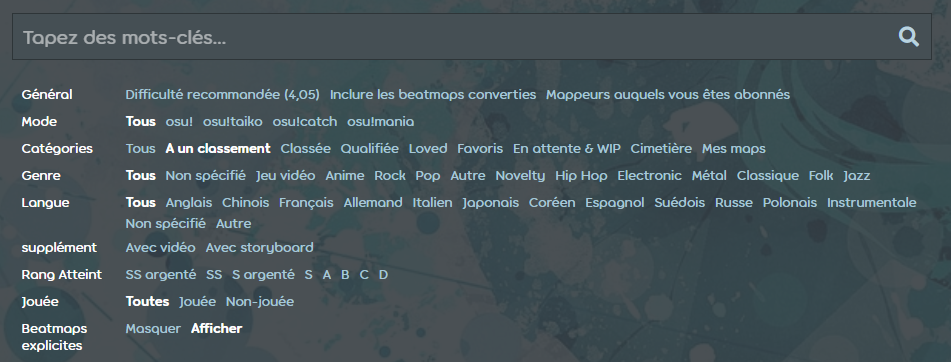 Les filtres disponibles sur la liste des beatmaps