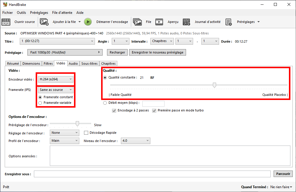 Réglage du codec vidéo et de la qualité dans Handbrake
