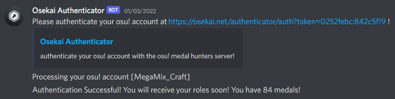 Authentication message from the Osekai Authenticator bot