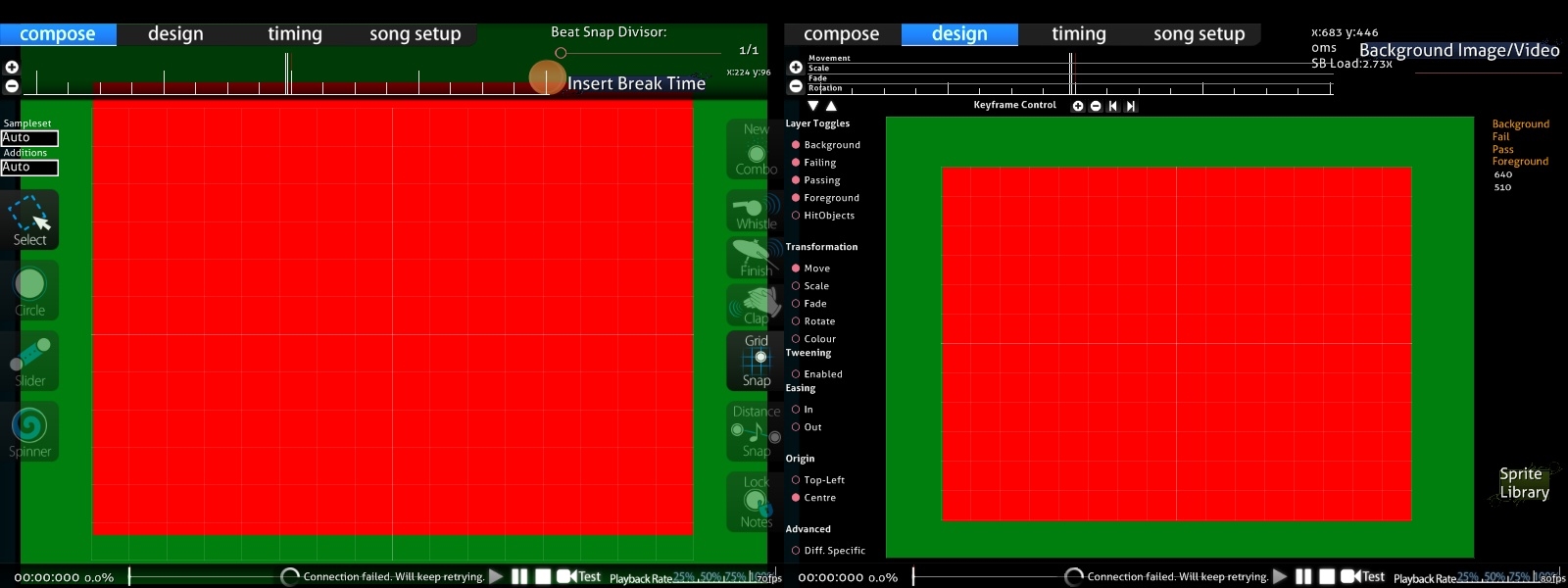 Editor screen size. Green is screen size and Red is playarea