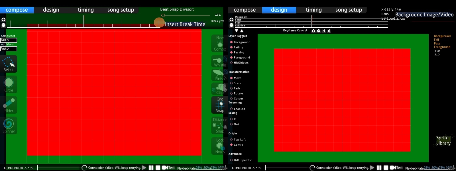 Editor screen size. Green is screen size and Red is play area