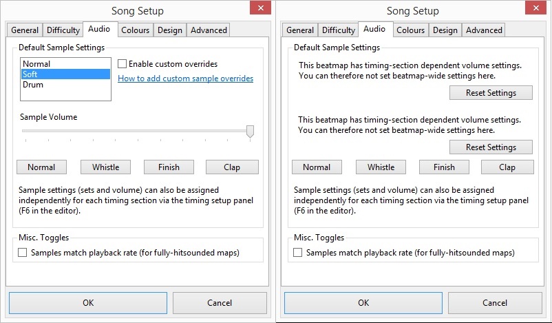 Two screenshots of the Audio tab. They vary based on defined hitsound and volume settings.