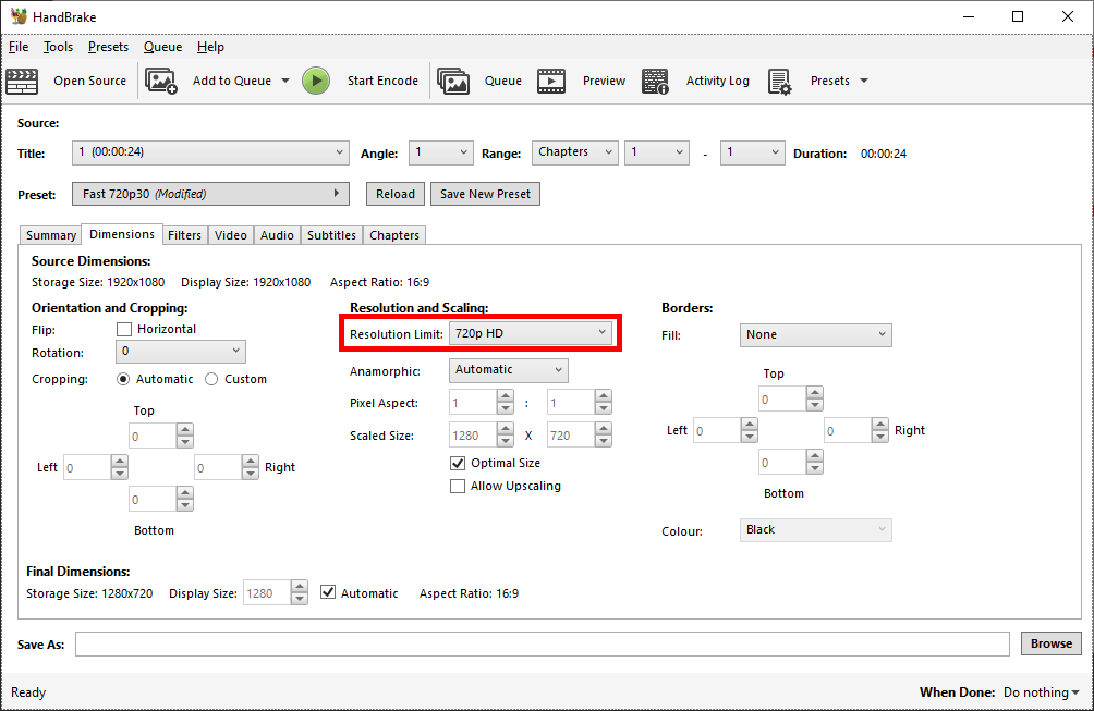 Setting the video dimensions in Handbrake