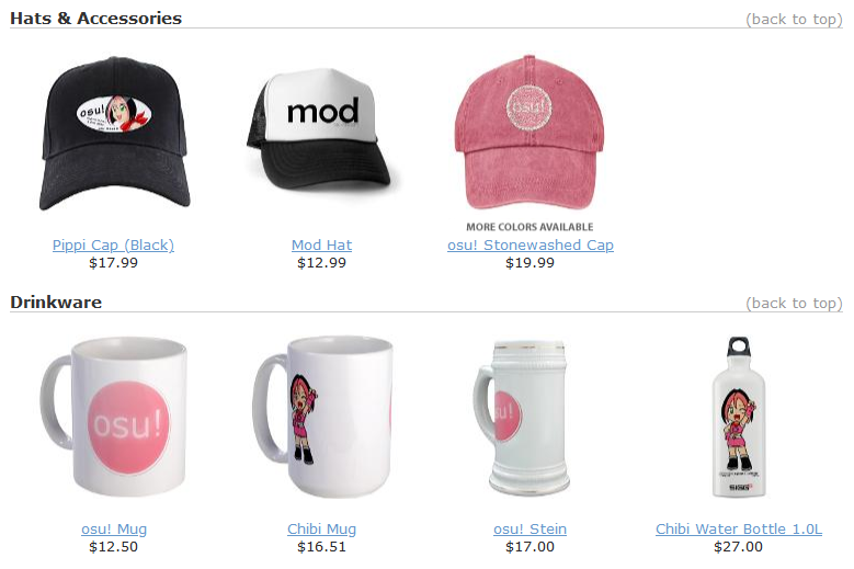 osu! goods en la portada de la tienda CafePress