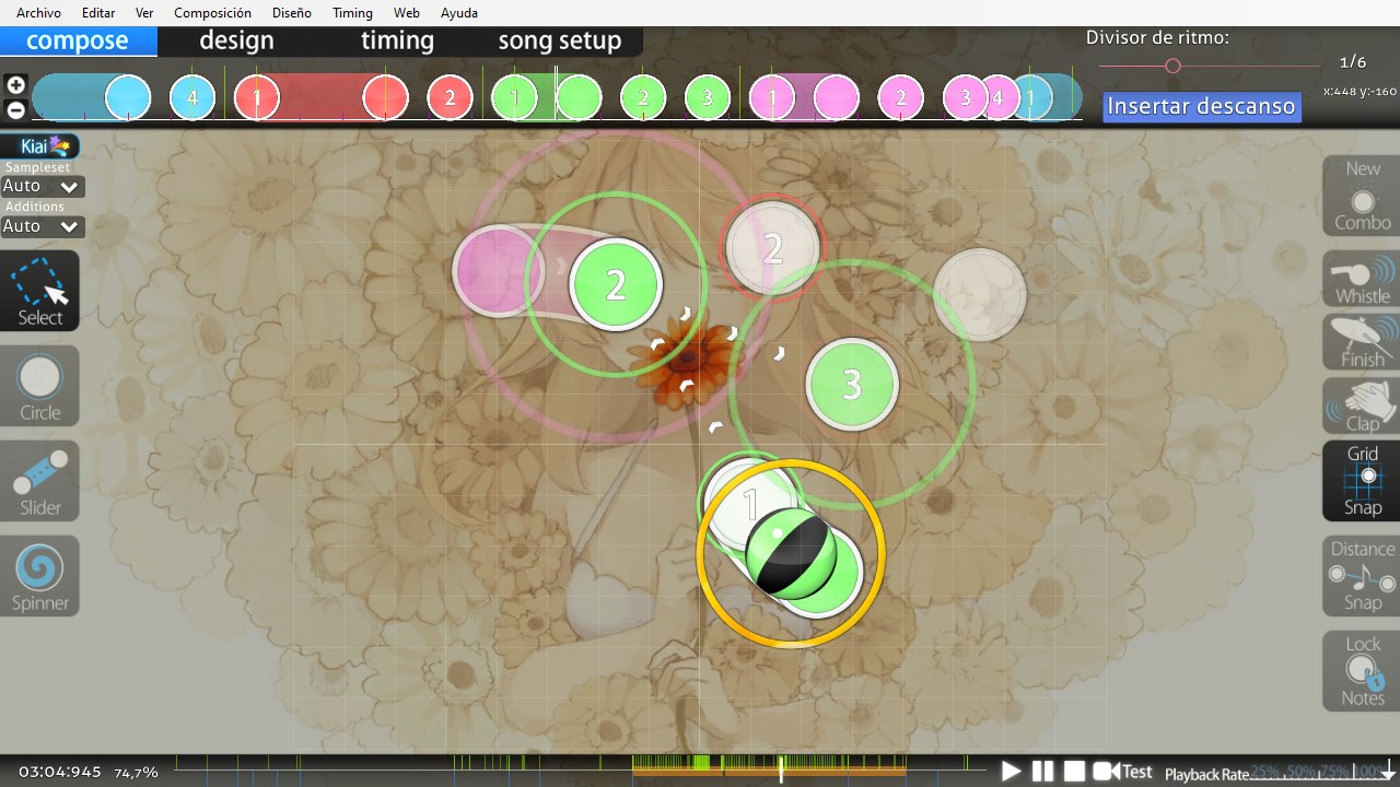 Una captura de pantalla de la pestaña compose del editor que muestra el beatmap Donor Song de pishifat