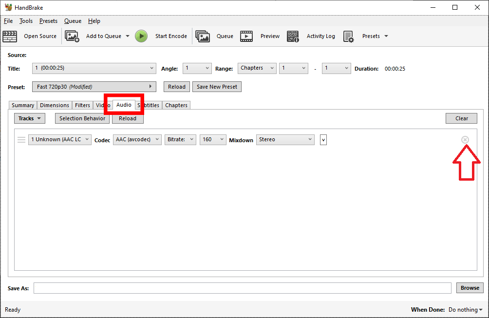Removing audio tracks from the audio tab in Handbrake