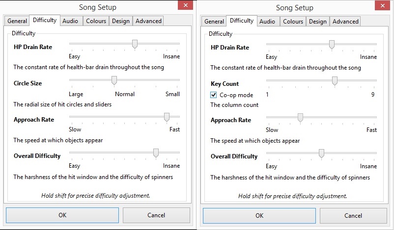 Two screenshots of the Difficulty tab. osu!mania differs from the other game modes.