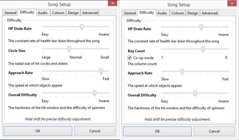 Two screenshots of the Difficulty tab. osu!mania differs from the other game modes.