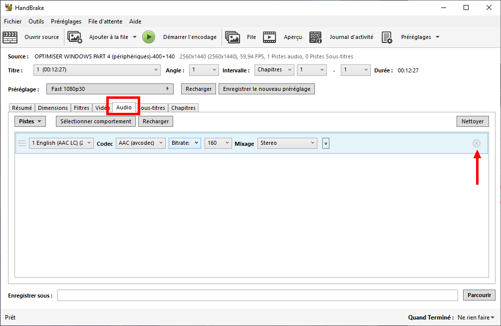 Supprimer des pistes audio de l'onglet audio dans Handbrake
