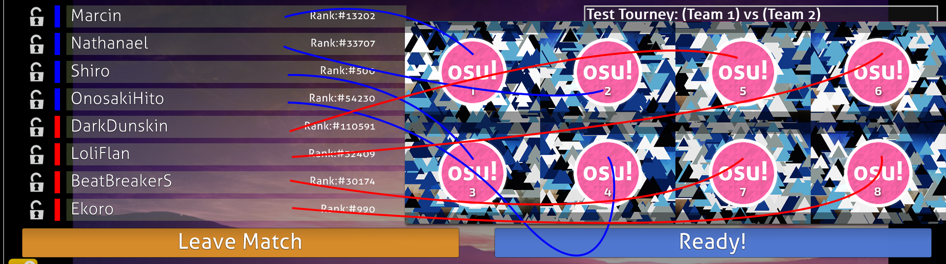 Die Zuordnung der Fenster in osu!tourney zu den entsprechenden Slots im Mehrspieler-Raum