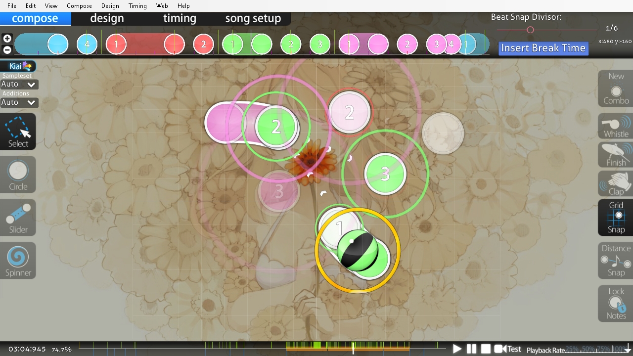 A screenshot of the editor's compose tab showing pishifat's Donor Song beatmap