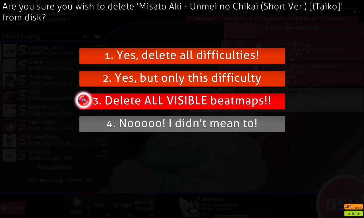 Archived] "Delete ALL VISIBLE beatmaps"just for hiden · forum  osu!