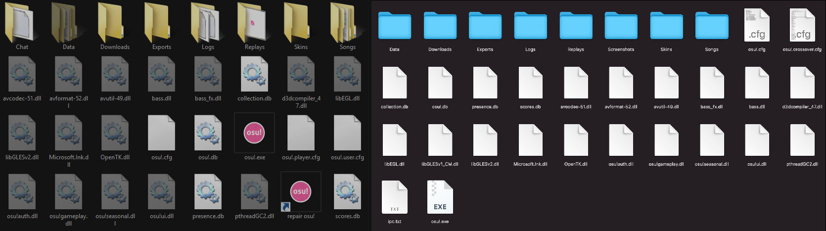 Структура файлов в установочной директории osu! в Windows и macOS